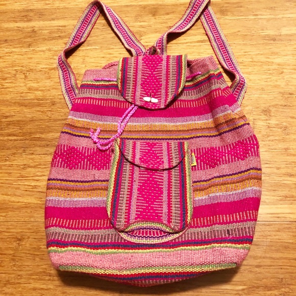 Artesanias Pinzon Handbags - Artisan Boho pink colorful woven Mexican backpack